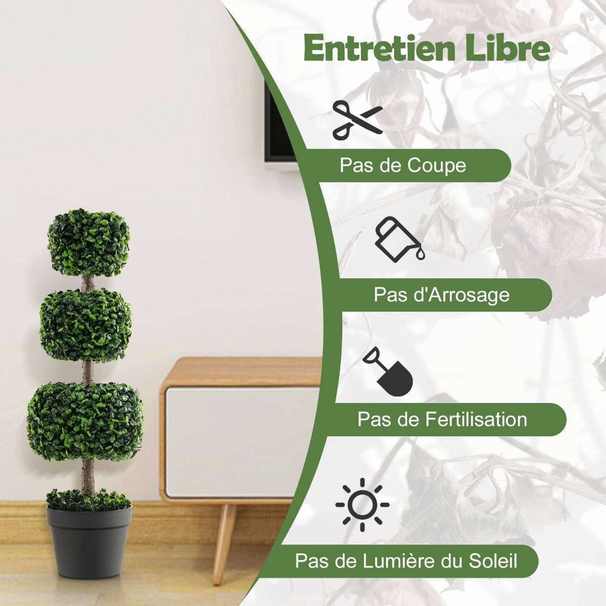 Arbre Topiaire en Buis Artificiel 75 cm de Forme Triple Carrée Fausse Plante de Buis avec Pot en Plastique Rempli de Ciment Vert - Image 6