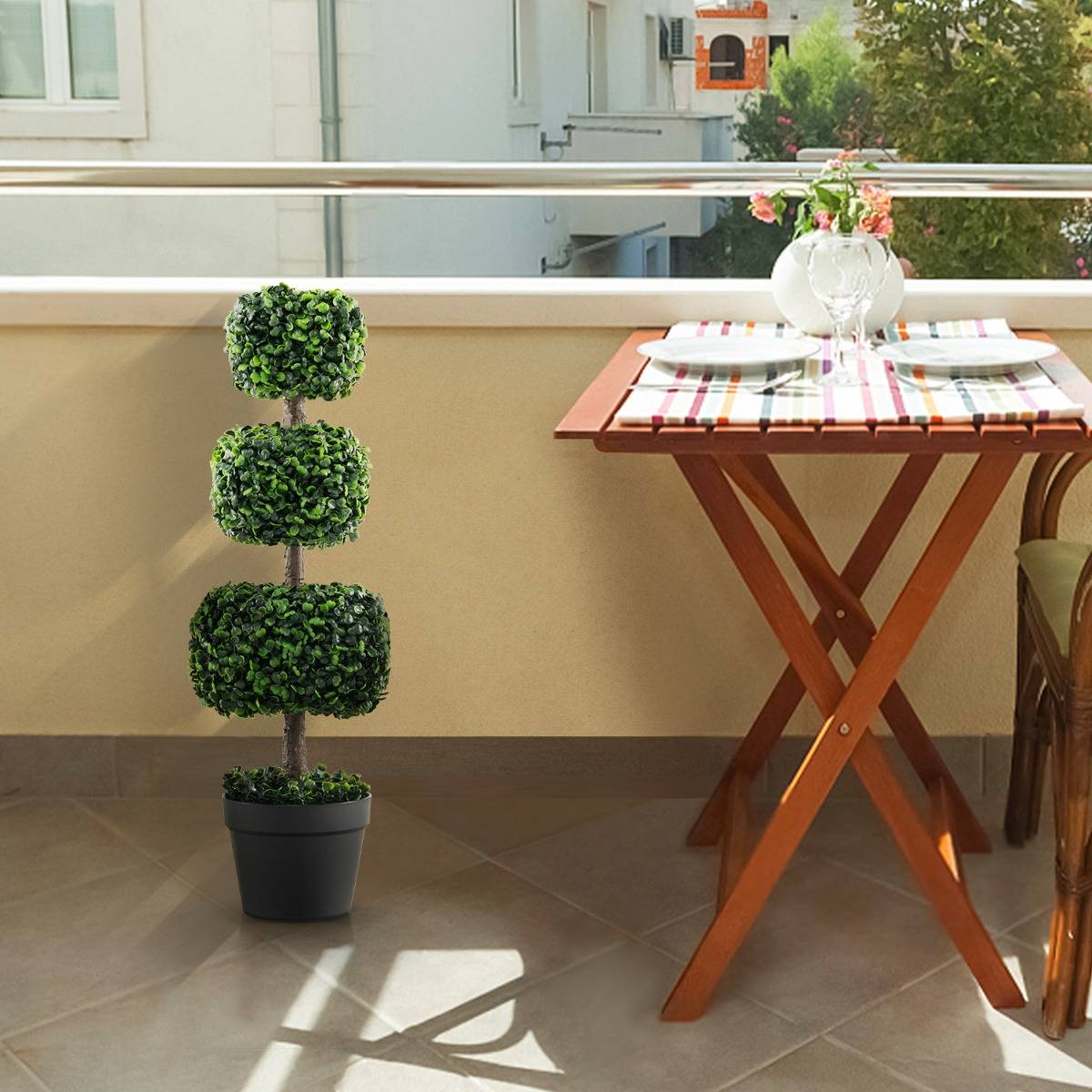 Arbre Topiaire en Buis Artificiel 75 cm de Forme Triple Carrée Fausse Plante de Buis avec Pot en Plastique Rempli de Ciment Vert - Image 2