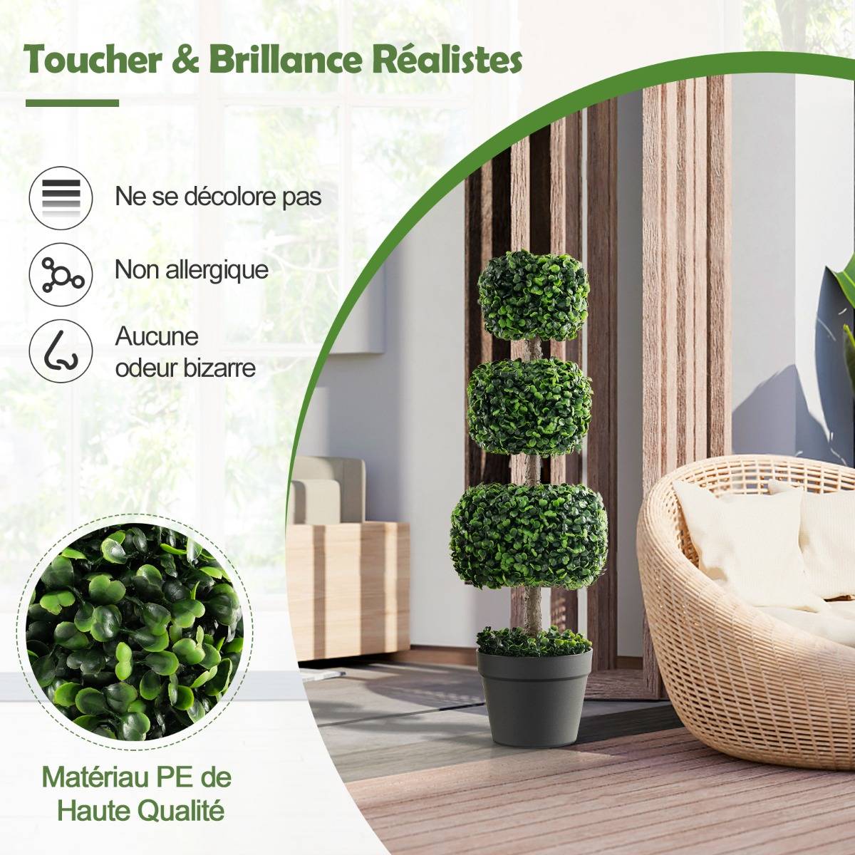 Arbre Topiaire en Buis Artificiel 75 cm de Forme Triple Carrée Fausse Plante de Buis avec Pot en Plastique Rempli de Ciment Vert - Image 5