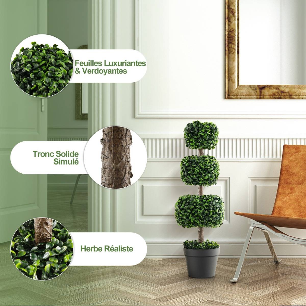 Arbre Topiaire en Buis Artificiel 75 cm de Forme Triple Carrée Fausse Plante de Buis avec Pot en Plastique Rempli de Ciment Vert - Image 4