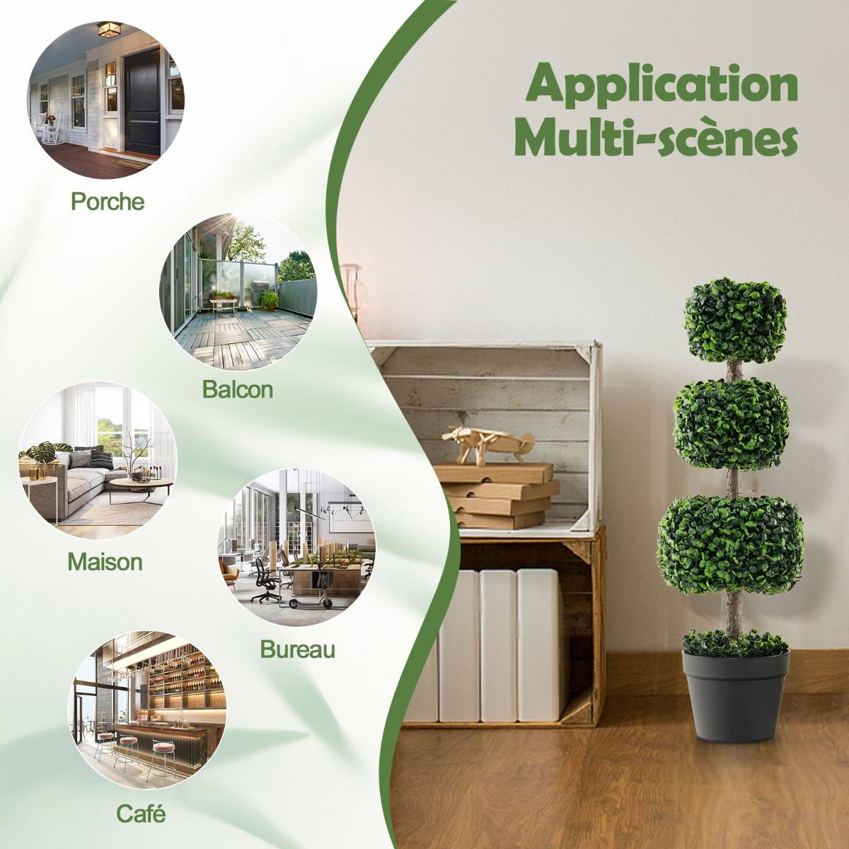 Arbre Topiaire en Buis Artificiel 75 cm de Forme Triple Carrée Fausse Plante de Buis avec Pot en Plastique Rempli de Ciment Vert - Image 8
