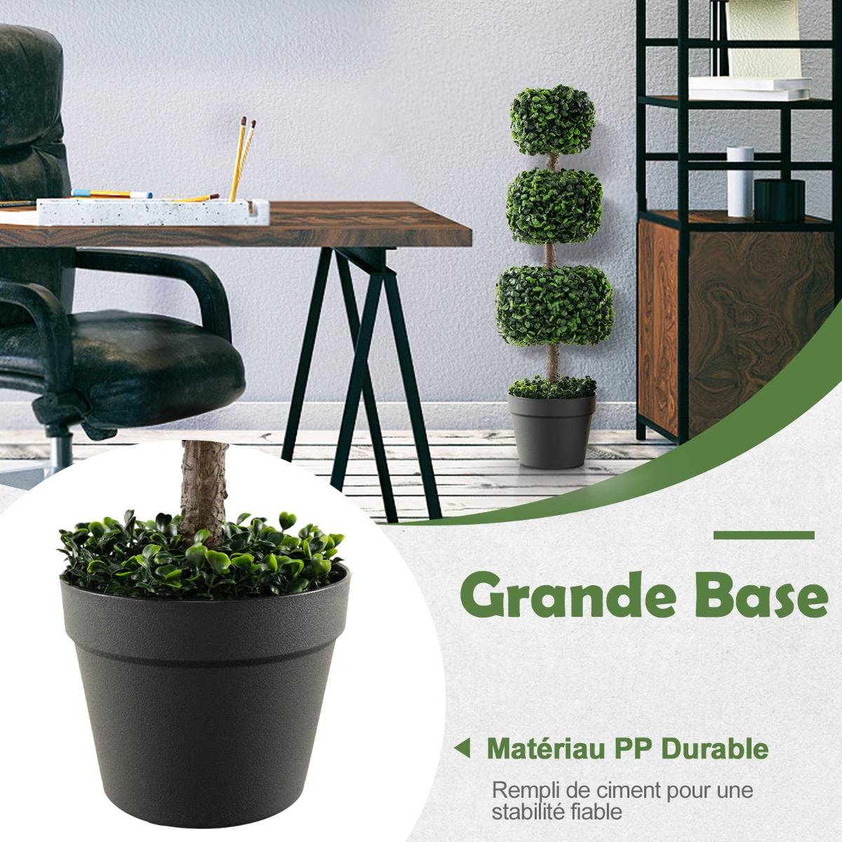 Arbre Topiaire en Buis Artificiel 75 cm de Forme Triple Carrée Fausse Plante de Buis avec Pot en Plastique Rempli de Ciment Vert - Image 7