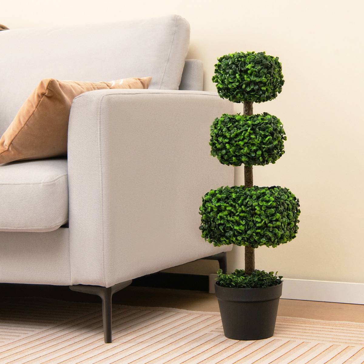 Arbre Topiaire en Buis Artificiel 75 cm de Forme Triple Carrée Fausse Plante de Buis avec Pot en Plastique Rempli de Ciment Vert - Image 3
