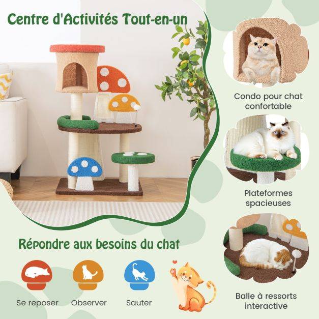 Helloshop26 - Arbre à chat 102 cm en forme de champignon boule à ressort condo poteau griffoir plateforme de saut tour de jeux pour chat multicolore - Image 3
