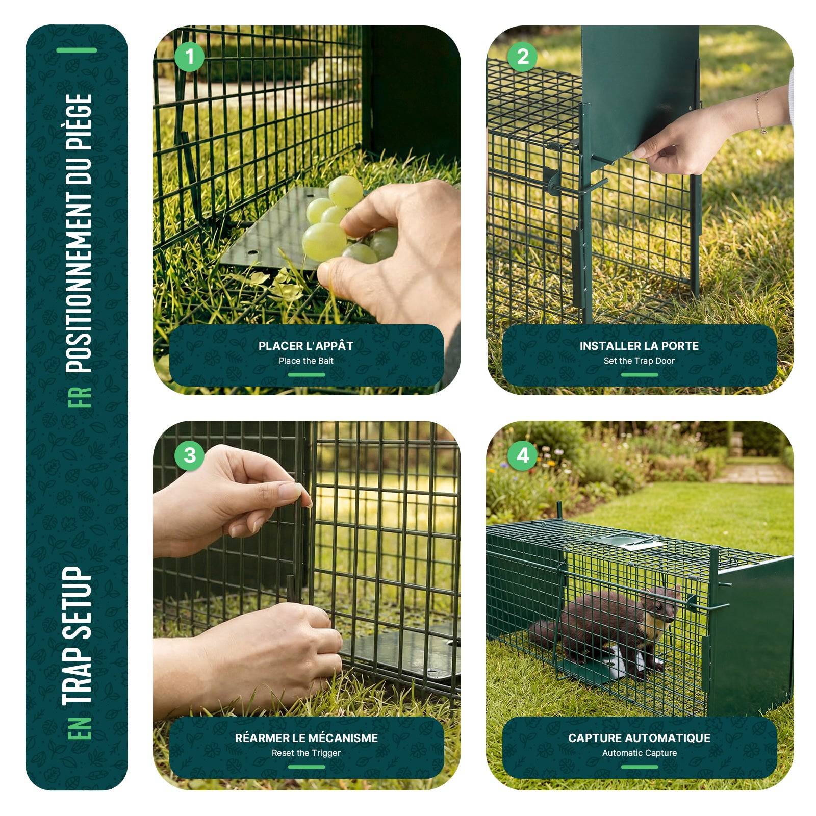 Piege pour animaux vivants cage trappe en metal 100x29x40cm vert - Image 7