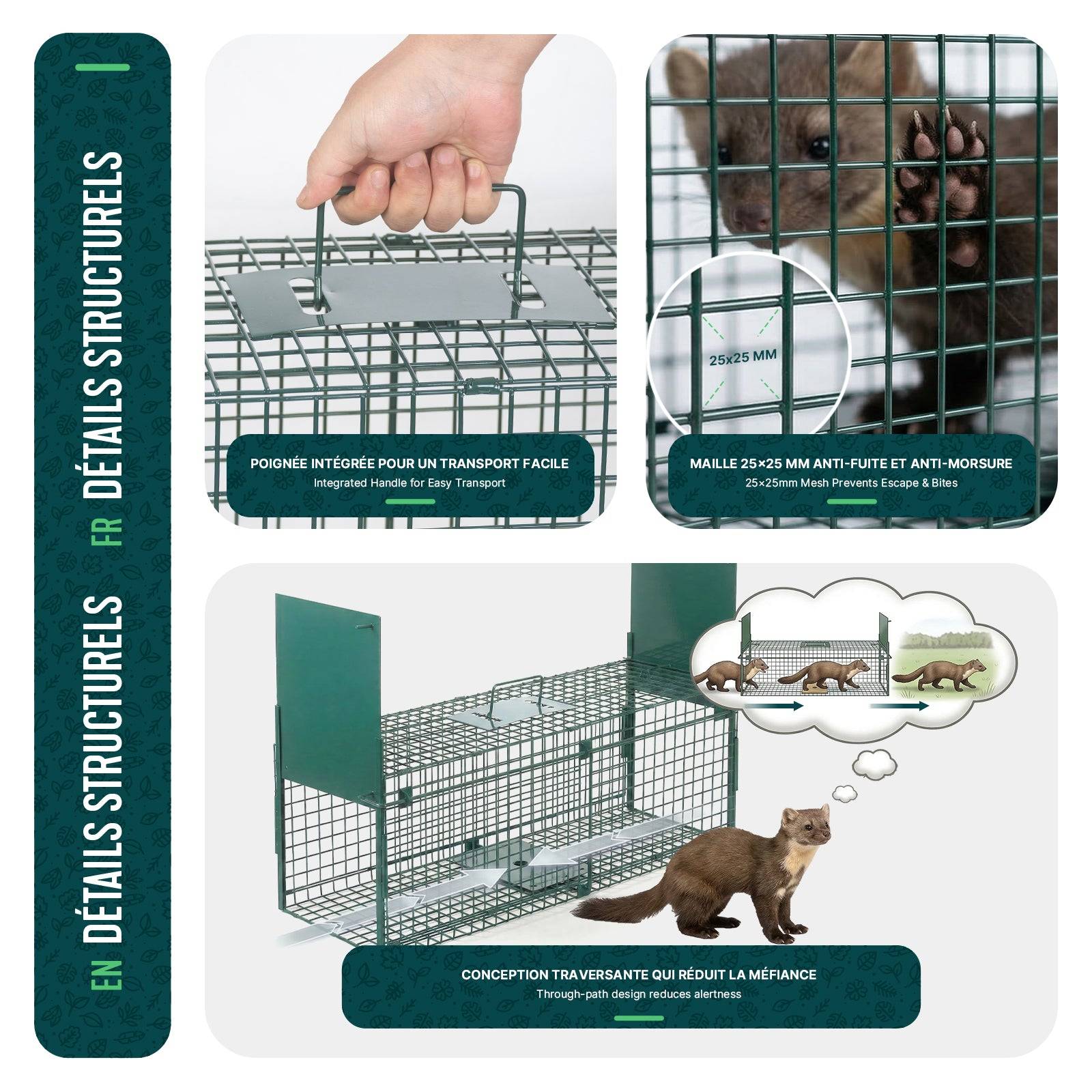 Piege pour animaux vivants cage trappe en metal 100x29x40cm vert - Image 6