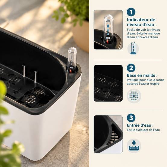 Pot Auto-Arosant Rectangulaire avec Indicateur de Niveau dEau pour Plantes dIntérieur - Image 4