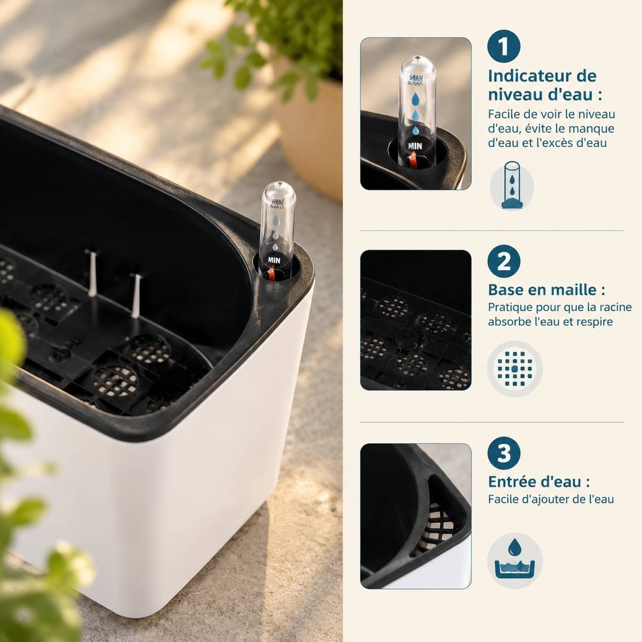Pot Auto-Arosant Rectangulaire avec Indicateur de Niveau dEau pour Plantes dIntérieur - Image 4