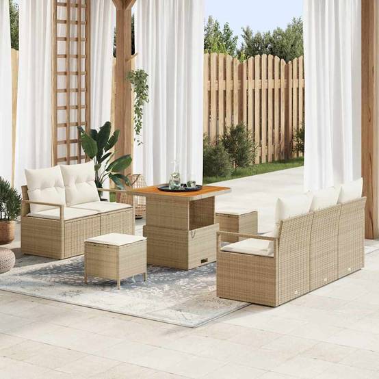 Set Canapé Jardin 8 Pcs Rotin Synthétique & Bois Charme Naturel Beige et Crème – ComfortXL Outdoor Living - Image 1