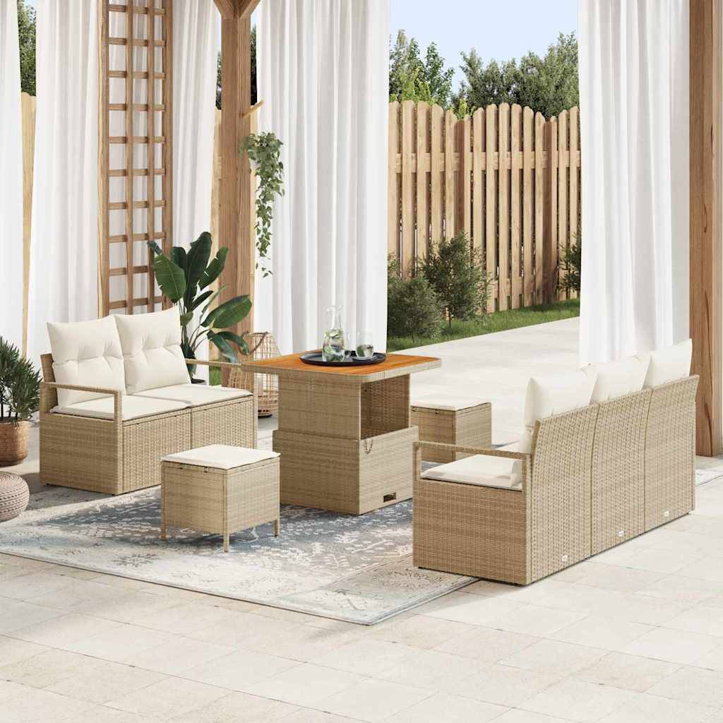 Set Canapé Jardin 8 Pcs Rotin Synthétique & Bois Charme Naturel Beige et Crème – ComfortXL Outdoor Living - Image 1