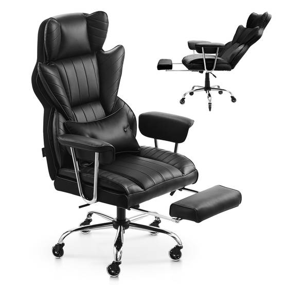 VEVOR Chaise bureau repose-pieds, ergonomique, lombaire, accoudoirs amovibles. Marron. - Image 1