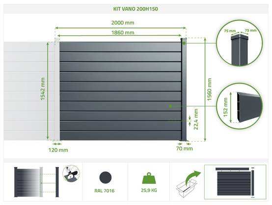 Casanoov Clôture Aluminium Persienne 6 m VANO H.150 cm gris - Image 3