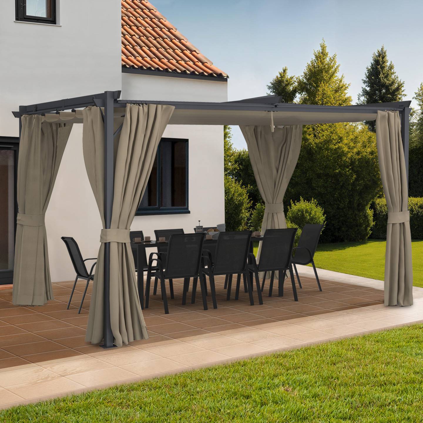 Pergola édition intégrale moustiquaire toit rétractable 3x4 M et 4 rideaux taupe - Image 4