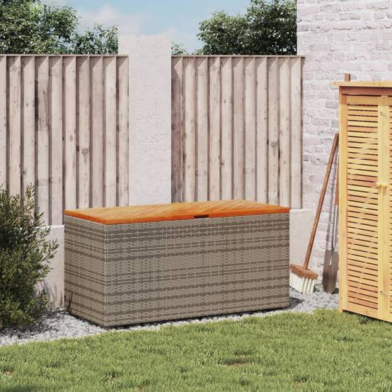 Coffre de rangement - Boîte de rangement extérieure - Coffre de jardin gris résine tressée bois d'acacia-JU12075 - Image 3