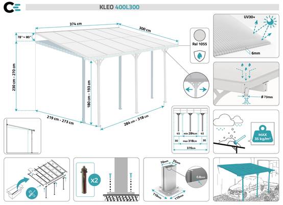 Pergola/Carport adossée 12m² KLEO 4x3 m blanc - toit terrasse en aluminium et polycarbonate - Image 2