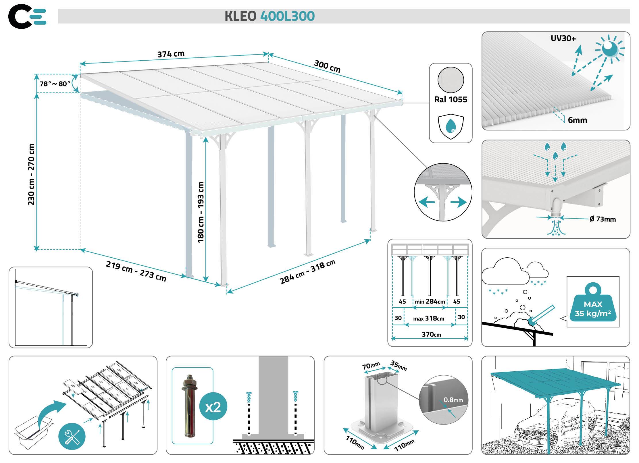 Pergola/Carport adossée 12m² KLEO 4x3 m blanc - toit terrasse en aluminium et polycarbonate - Image 2