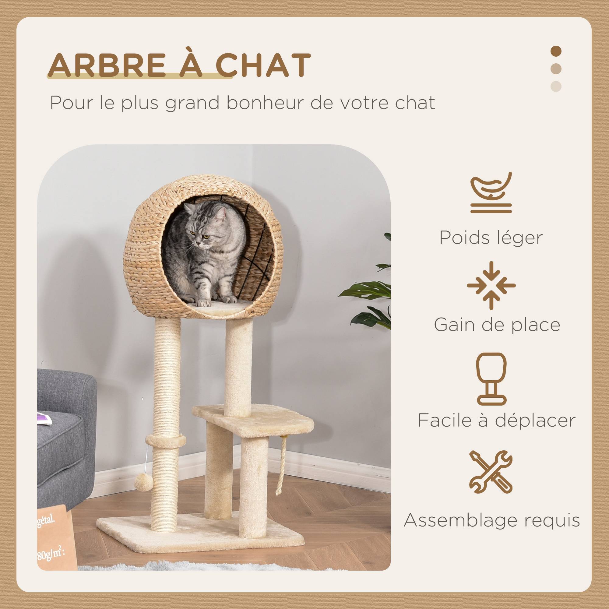 Pawhut - Arbre à chats style cosy chic griffoir sisal naturel grande niche plateformes jeu boule corde escalade peluche courte massette beige - Image 4