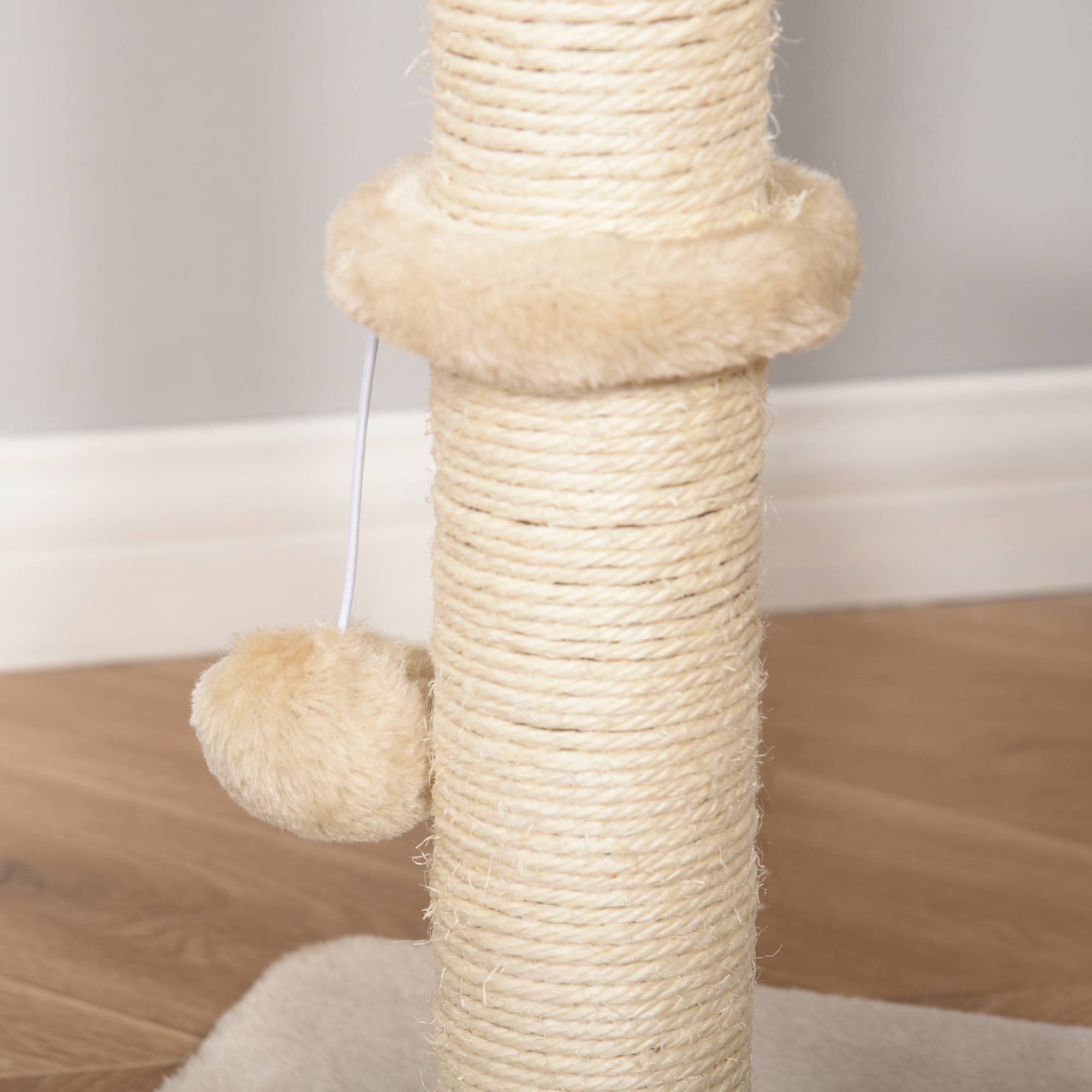 Pawhut - Arbre à chats style cosy chic griffoir sisal naturel grande niche plateformes jeu boule corde escalade peluche courte massette beige - Image 9
