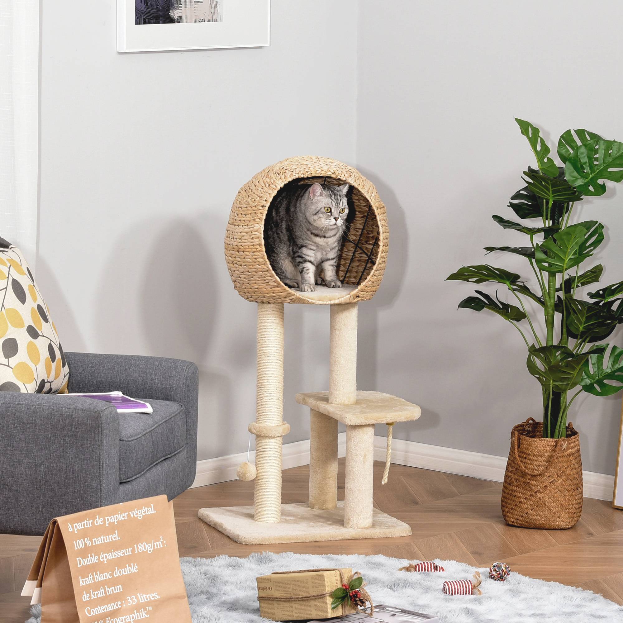 Pawhut - Arbre à chats style cosy chic griffoir sisal naturel grande niche plateformes jeu boule corde escalade peluche courte massette beige - Image 2