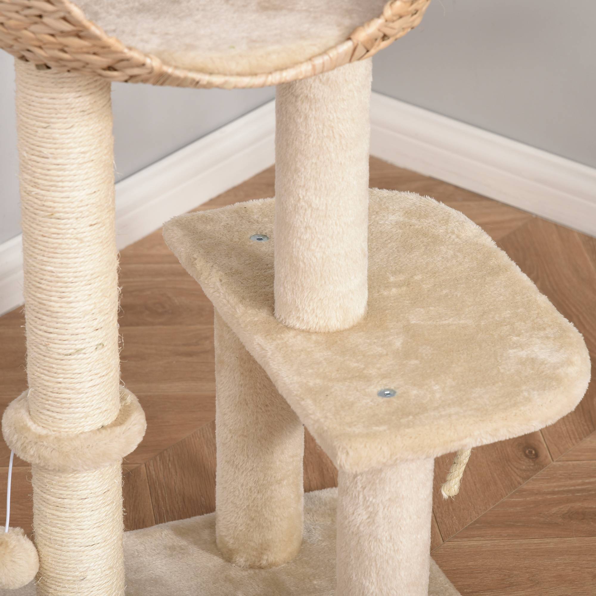 Pawhut - Arbre à chats style cosy chic griffoir sisal naturel grande niche plateformes jeu boule corde escalade peluche courte massette beige - Image 8