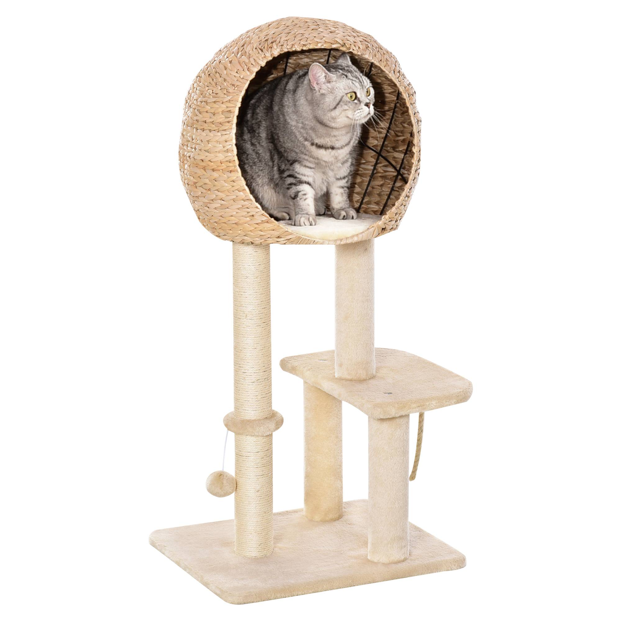 Pawhut - Arbre à chats style cosy chic griffoir sisal naturel grande niche plateformes jeu boule corde escalade peluche courte massette beige - Image 1