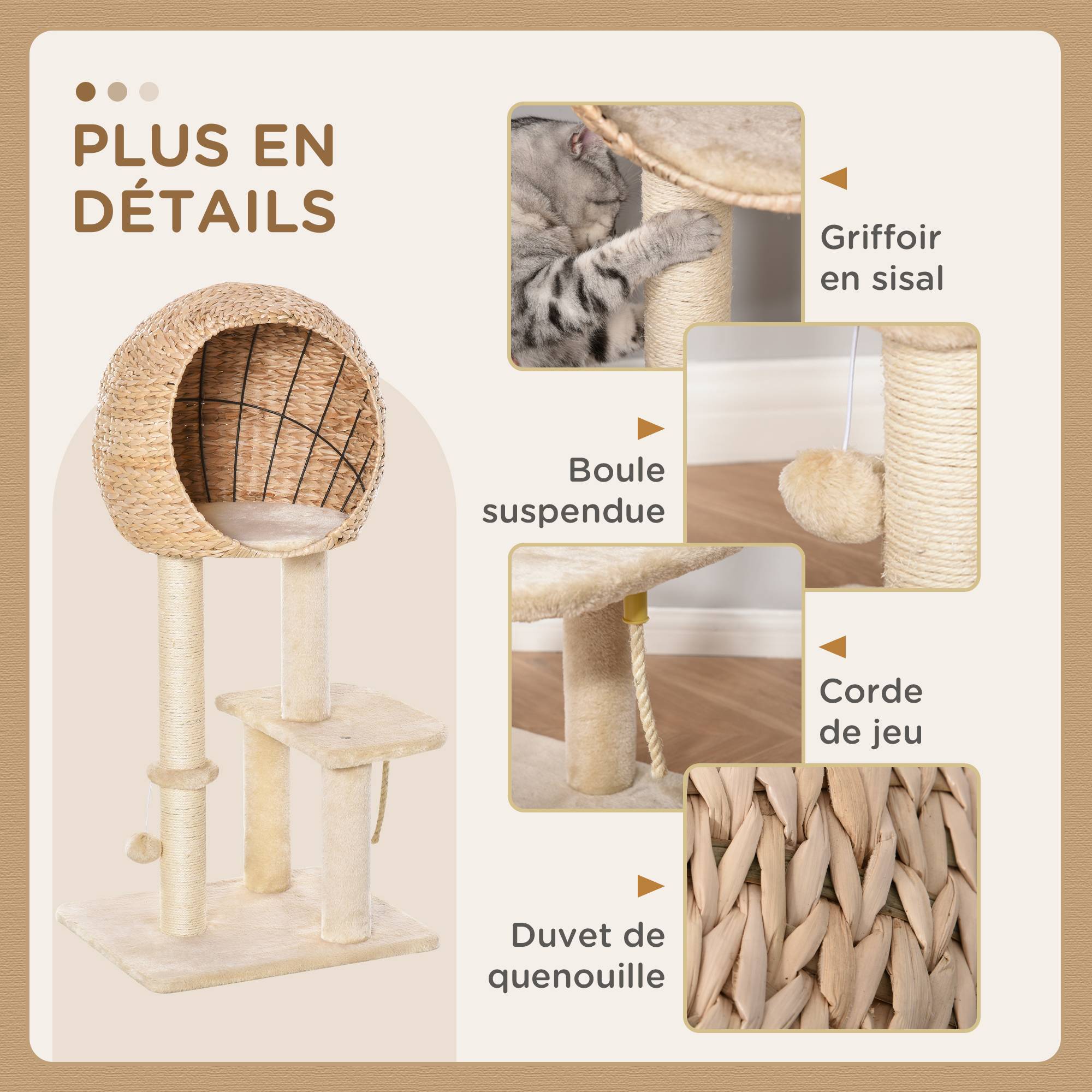Pawhut - Arbre à chats style cosy chic griffoir sisal naturel grande niche plateformes jeu boule corde escalade peluche courte massette beige - Image 5