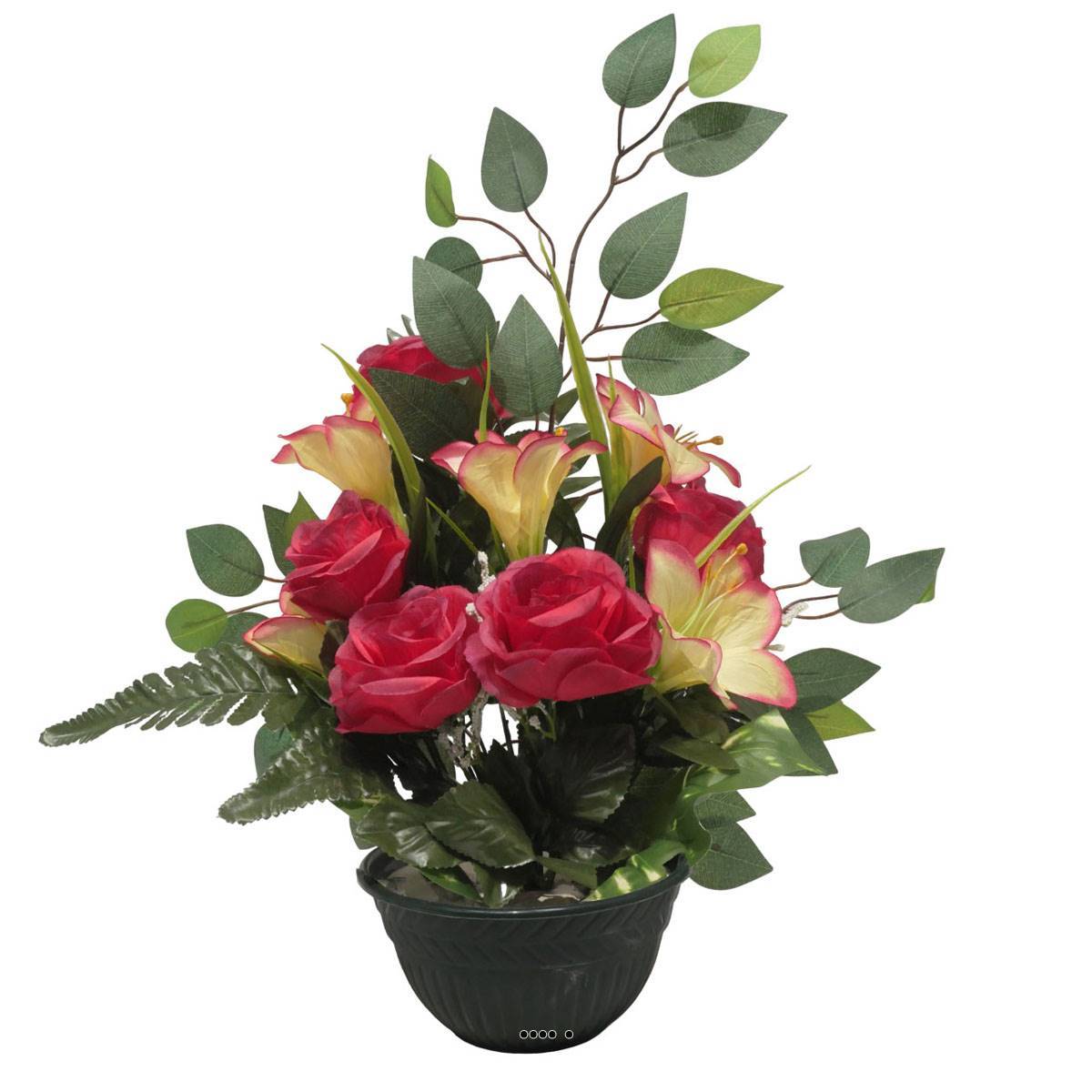 Artificielles - Vasque de Rose, Lys, Gypsophile et Ficus pour la toussaint Rose fushia - couleur: Rose fushia 730 - Image 2