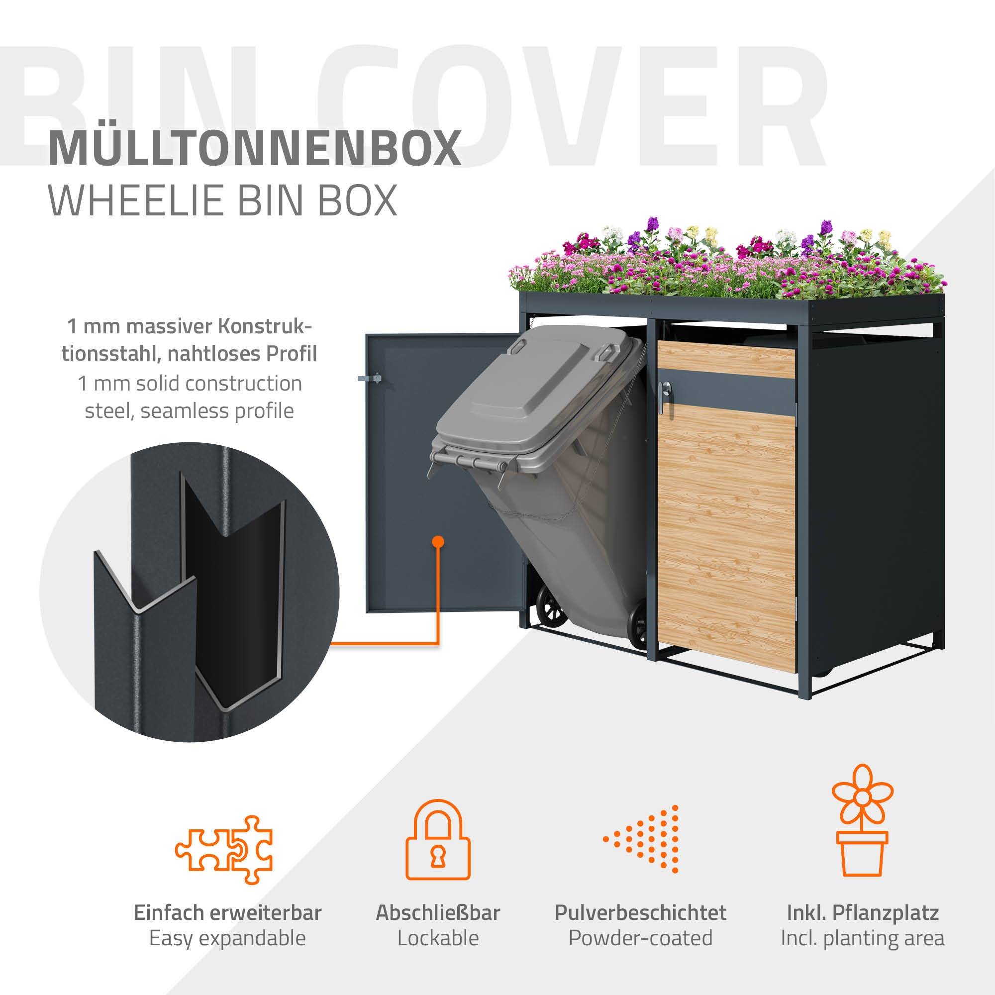 Abri pour 4 poubelles 264x80x124 cm capacité de 60L à 240L anthracite/aspect mélèze en acier avec toit pour plantes/4 portes résistant aux intempéries - Image 2