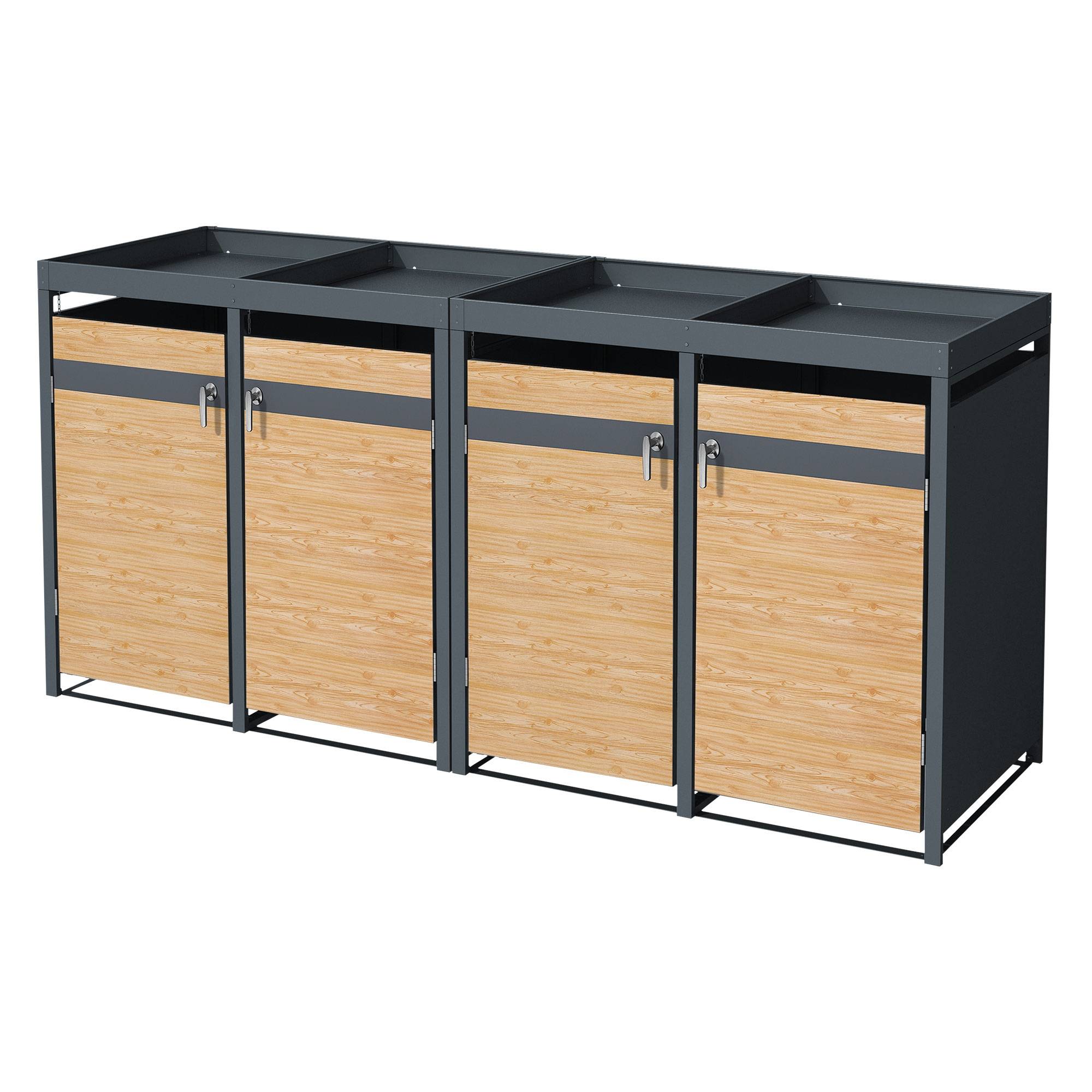 Abri pour 4 poubelles 264x80x124 cm capacité de 60L à 240L anthracite/aspect mélèze en acier avec toit pour plantes/4 portes résistant aux intempéries - Image 1