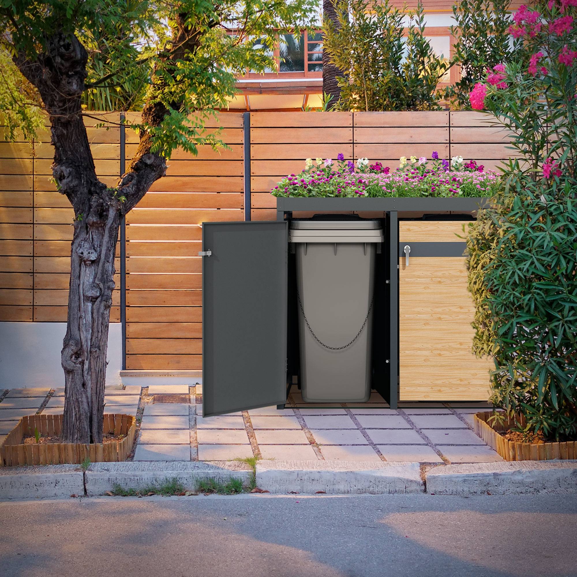 Abri pour 4 poubelles 264x80x124 cm capacité de 60L à 240L anthracite/aspect mélèze en acier avec toit pour plantes/4 portes résistant aux intempéries - Image 9