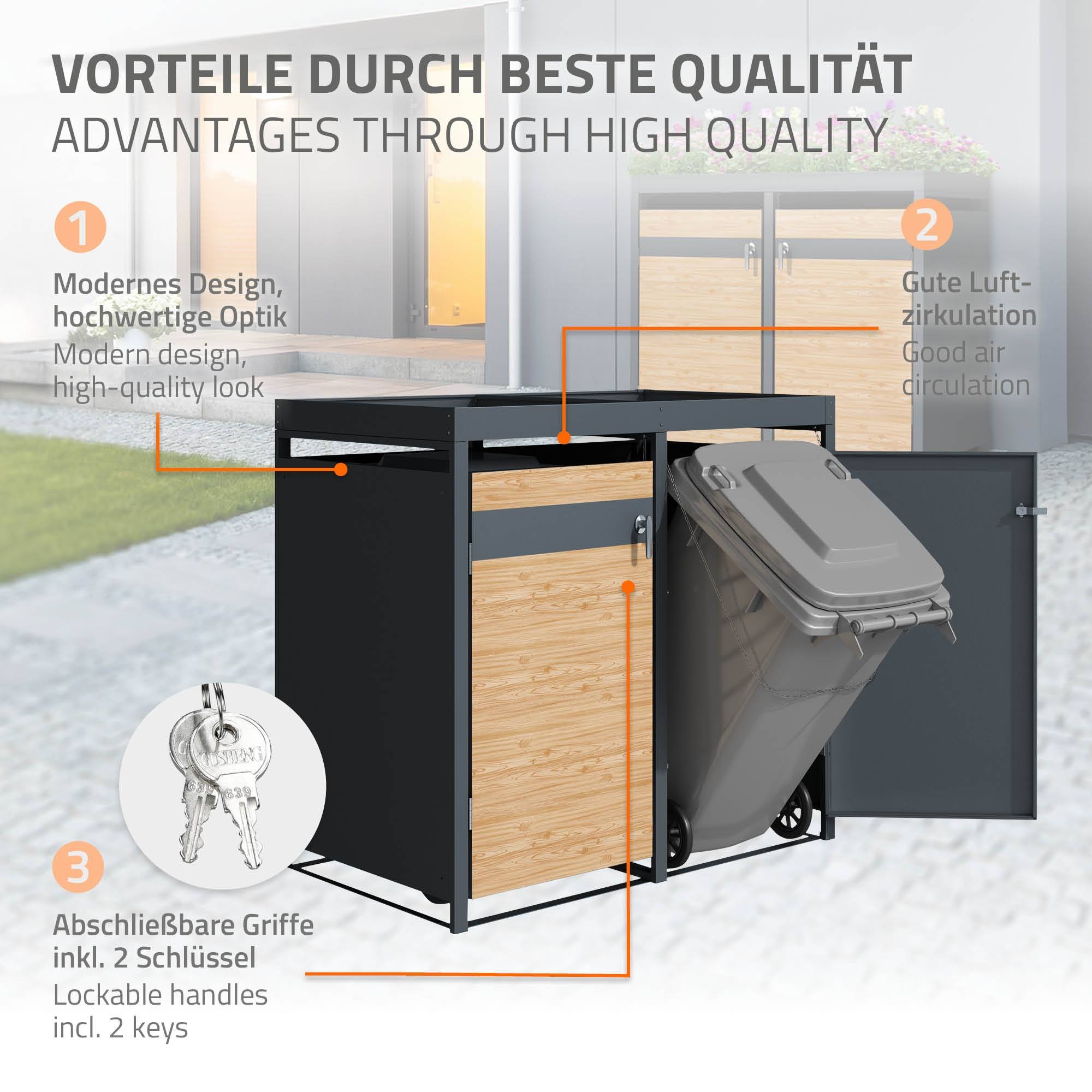 Abri pour 4 poubelles 264x80x124 cm capacité de 60L à 240L anthracite/aspect mélèze en acier avec toit pour plantes/4 portes résistant aux intempéries - Image 3