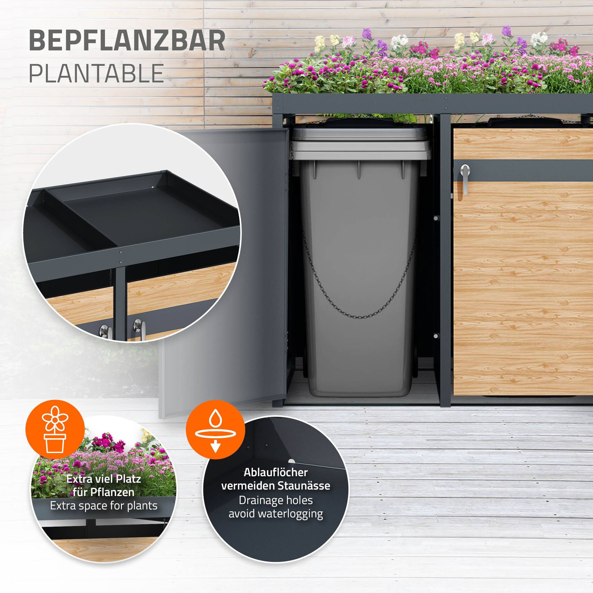 Abri pour 4 poubelles 264x80x124 cm capacité de 60L à 240L anthracite/aspect mélèze en acier avec toit pour plantes/4 portes résistant aux intempéries - Image 5