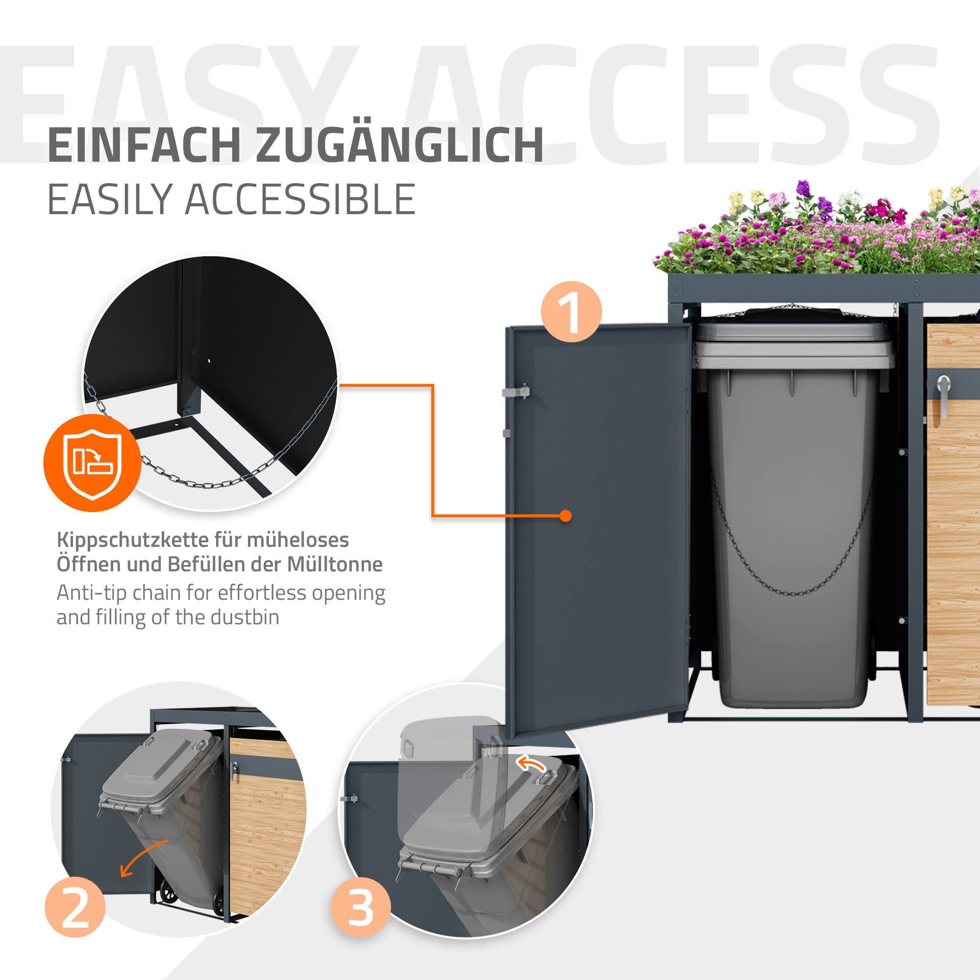 Abri pour 4 poubelles 264x80x124 cm capacité de 60L à 240L anthracite/aspect mélèze en acier avec toit pour plantes/4 portes résistant aux intempéries - Image 4