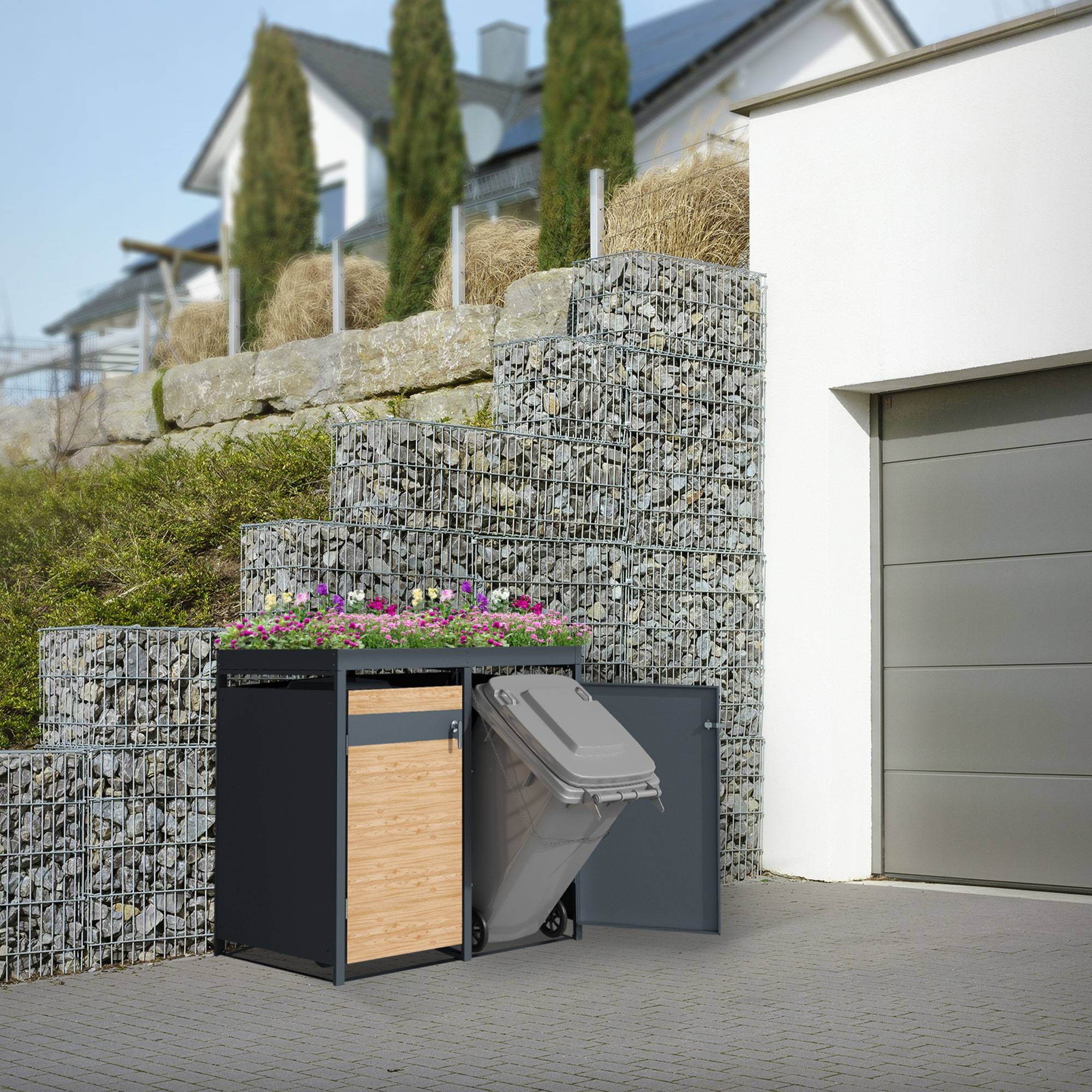 Abri pour 4 poubelles 264x80x124 cm capacité de 60L à 240L anthracite/aspect mélèze en acier avec toit pour plantes/4 portes résistant aux intempéries - Image 10