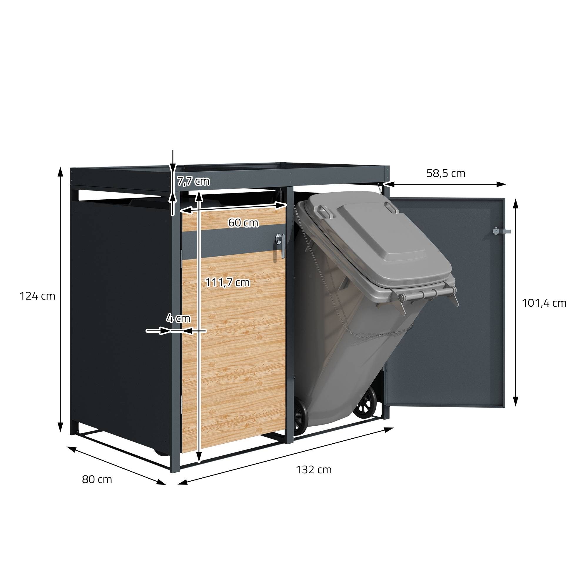 Abri pour 4 poubelles 264x80x124 cm capacité de 60L à 240L anthracite/aspect mélèze en acier avec toit pour plantes/4 portes résistant aux intempéries - Image 8