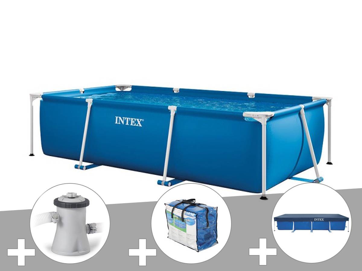 Kit piscine tubulaire rectangulaire Intex 3,00 x 2,00 x 0,75 m + Filtration à cartouche + Bâche de protection + Bâche à bulles - Image 1