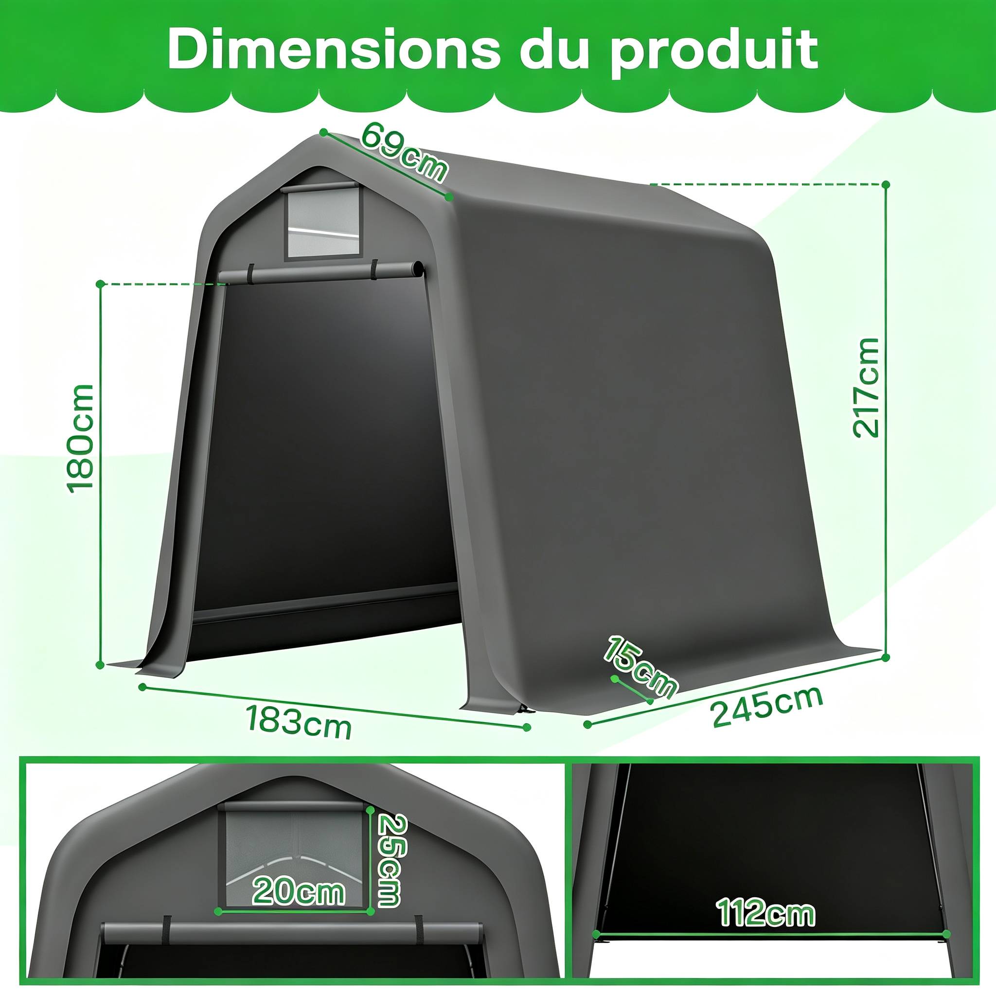 Abri de jardin bâche PE 245×183×217 cm, imperméable anti-UV, armature acier galvanisé gris - Image 2