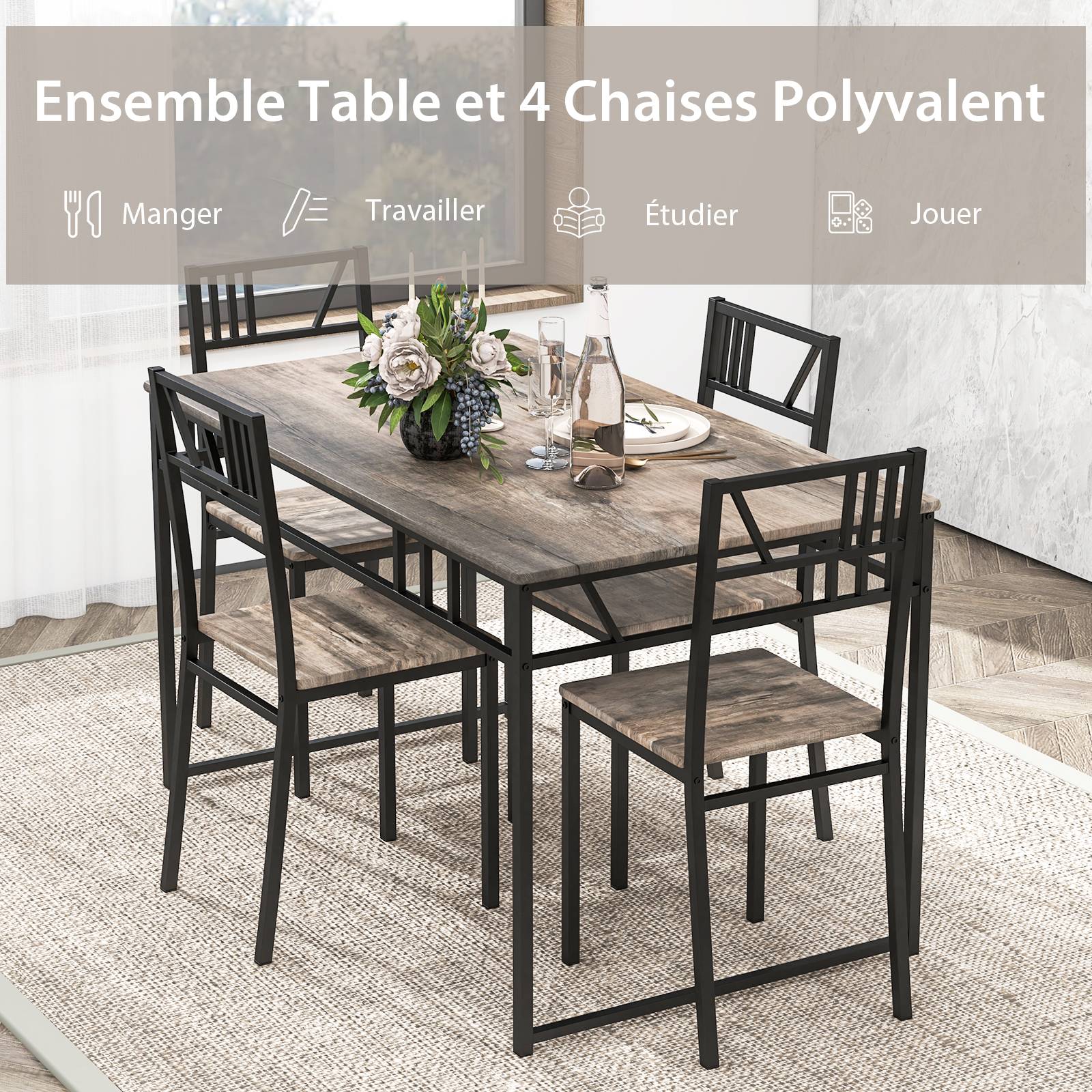 COSTWAY Ensemble Table à Manger Avec 4 Chaises - Faux Marbre Noir - Cadre Métal Robuste
