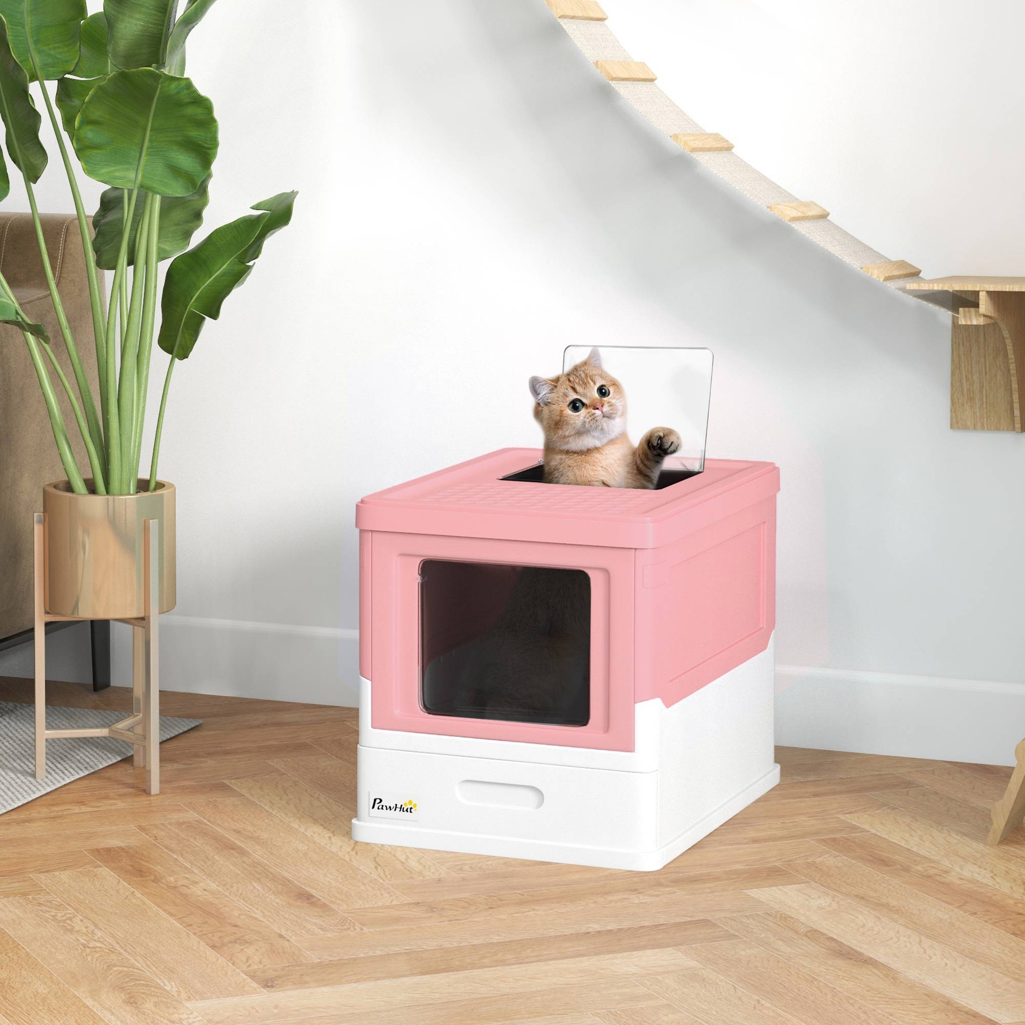 Bac à litière pliable chat double porte battante avec pelle incluse, design compact transportable, toilette chat intérieur pratique rose - Image 4