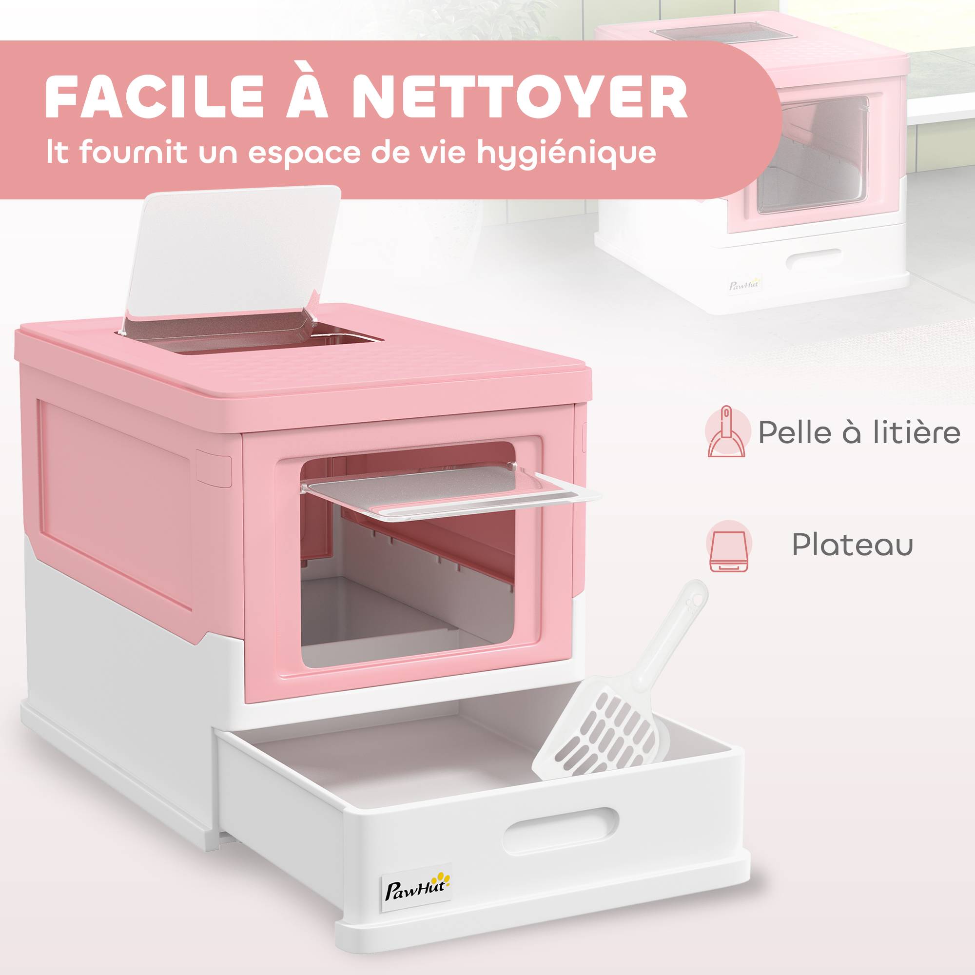 Bac à litière pliable chat double porte battante avec pelle incluse, design compact transportable, toilette chat intérieur pratique rose - Image 6