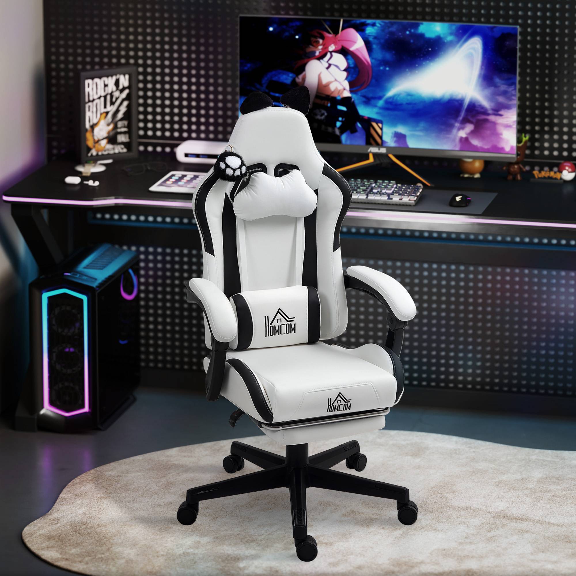 Sans Marque - Chaise gaming ergonomique avec Oreilles de Chat, fauteuil gamer avec dossier inclinable, 65 x 62 x 124 cm, blanc - Image 4
