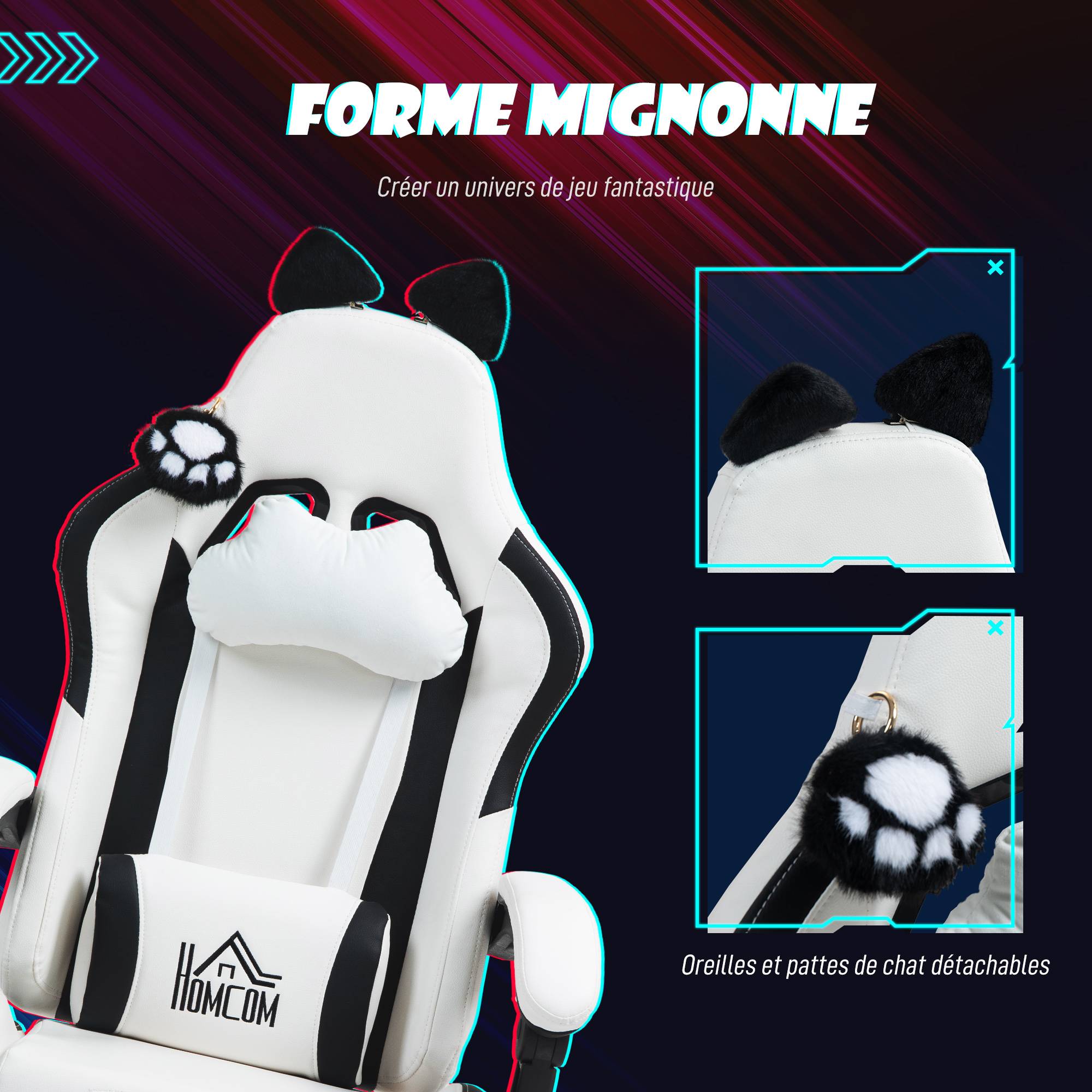 Sans Marque - Chaise gaming ergonomique avec Oreilles de Chat, fauteuil gamer avec dossier inclinable, 65 x 62 x 124 cm, blanc - Image 6