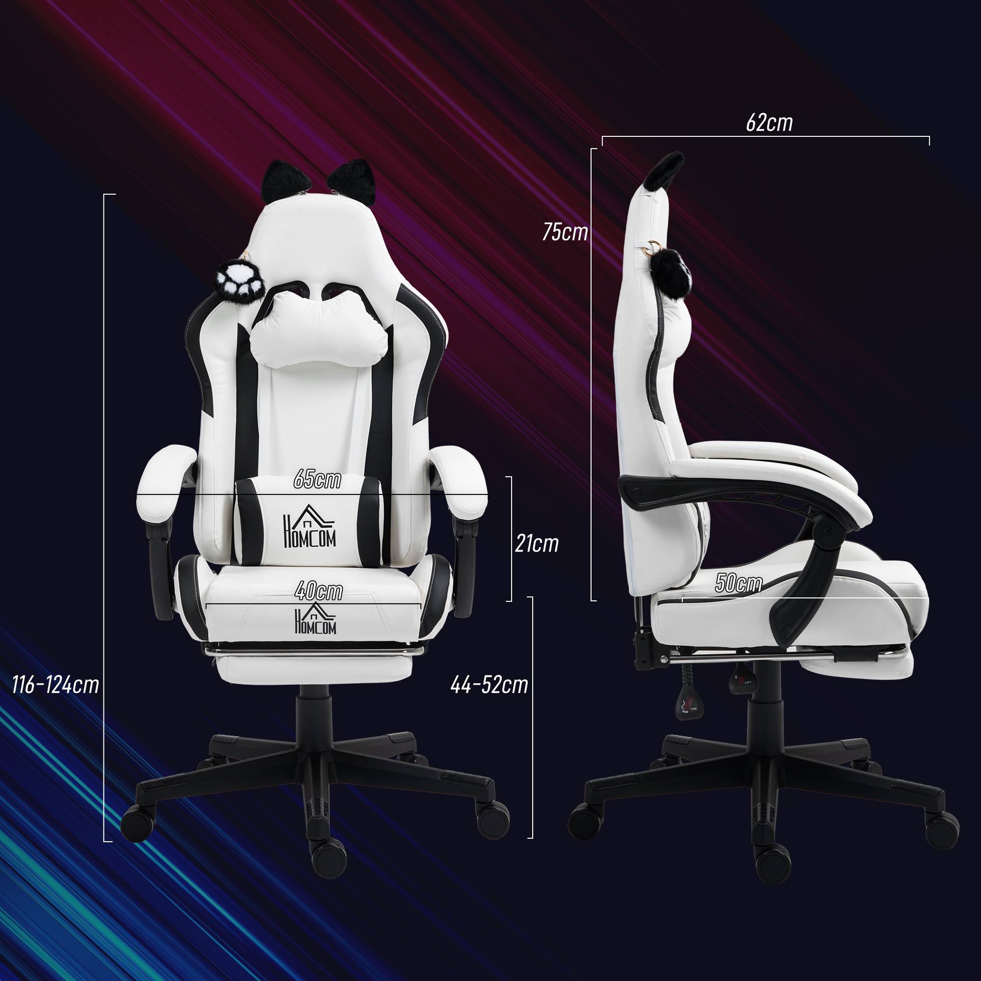Sans Marque - Chaise gaming ergonomique avec Oreilles de Chat, fauteuil gamer avec dossier inclinable, 65 x 62 x 124 cm, blanc - Image 5