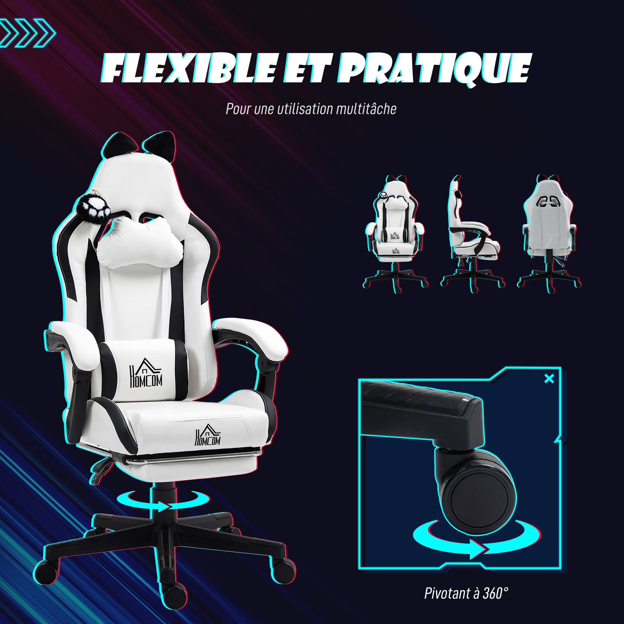 Sans Marque - Chaise gaming ergonomique avec Oreilles de Chat, fauteuil gamer avec dossier inclinable, 65 x 62 x 124 cm, blanc - Image 9