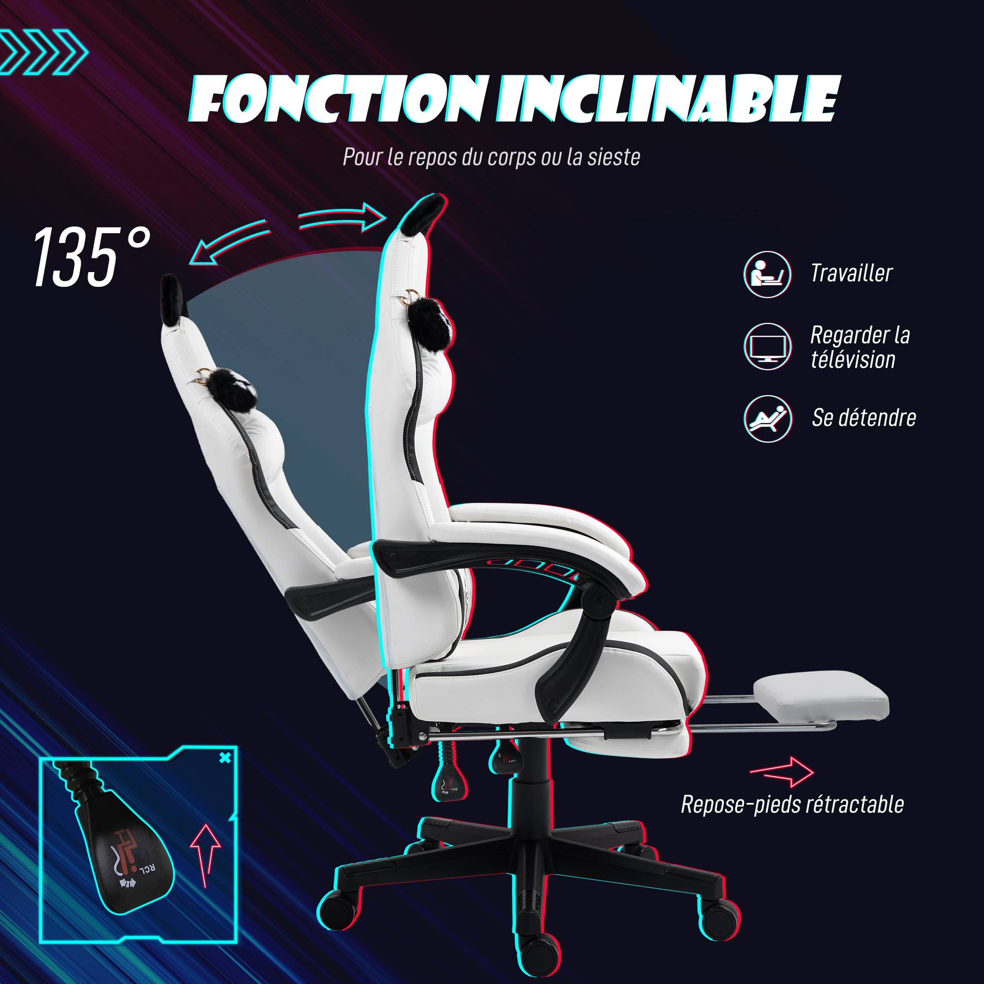 Sans Marque - Chaise gaming ergonomique avec Oreilles de Chat, fauteuil gamer avec dossier inclinable, 65 x 62 x 124 cm, blanc - Image 8