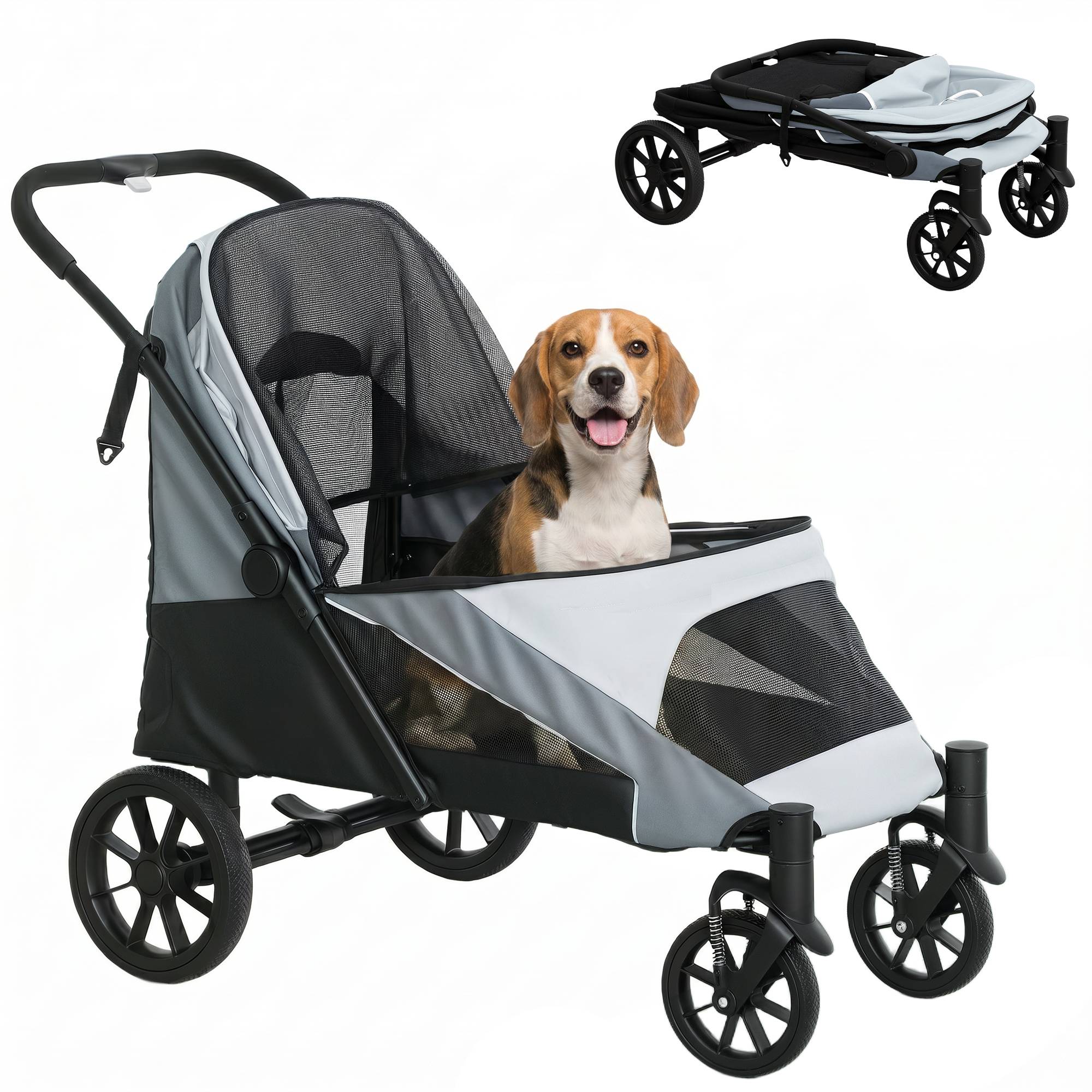 Poussette pliable pour animaux de compagnie avec fenêtres en filet et coussin rembourré pour chiens jusqu'à 25 kg, 124 x 67 x 100 cm, grise - Image 1