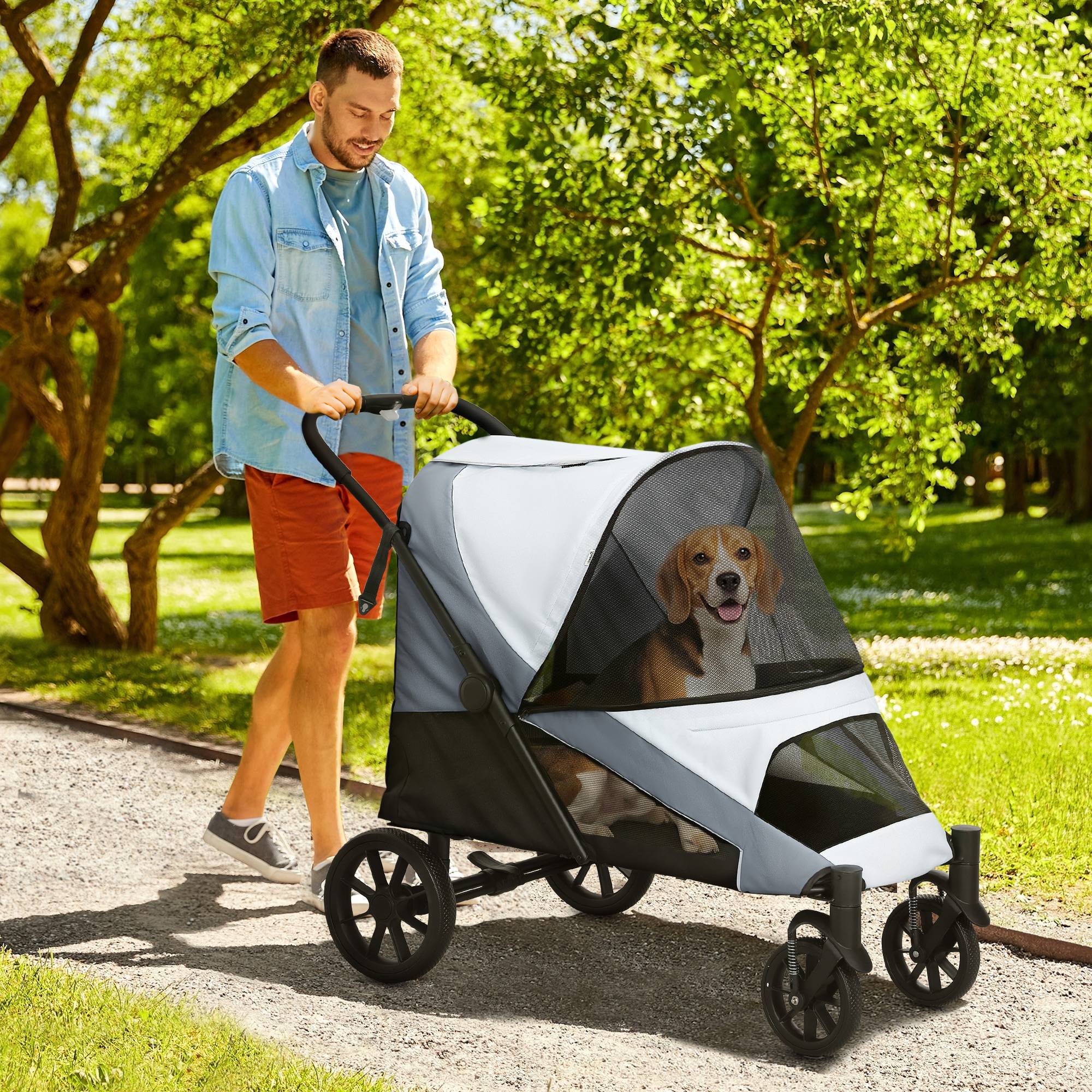 Poussette pliable pour animaux de compagnie avec fenêtres en filet et coussin rembourré pour chiens jusqu'à 25 kg, 124 x 67 x 100 cm, grise - Image 3