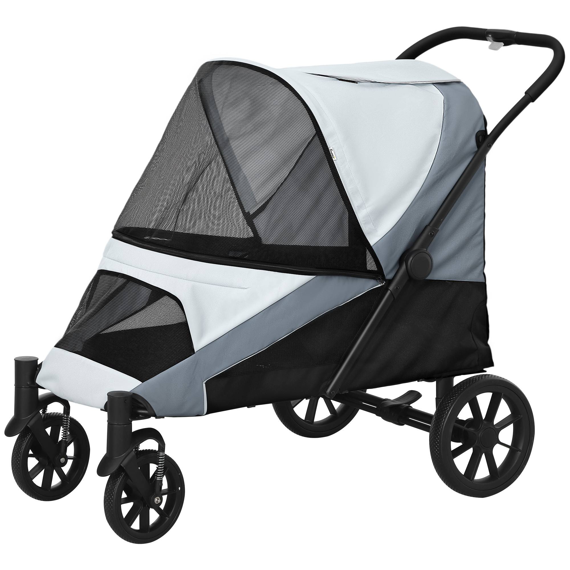 Poussette pliable pour animaux de compagnie avec fenêtres en filet et coussin rembourré pour chiens jusqu'à 25 kg, 124 x 67 x 100 cm, grise - Image 2