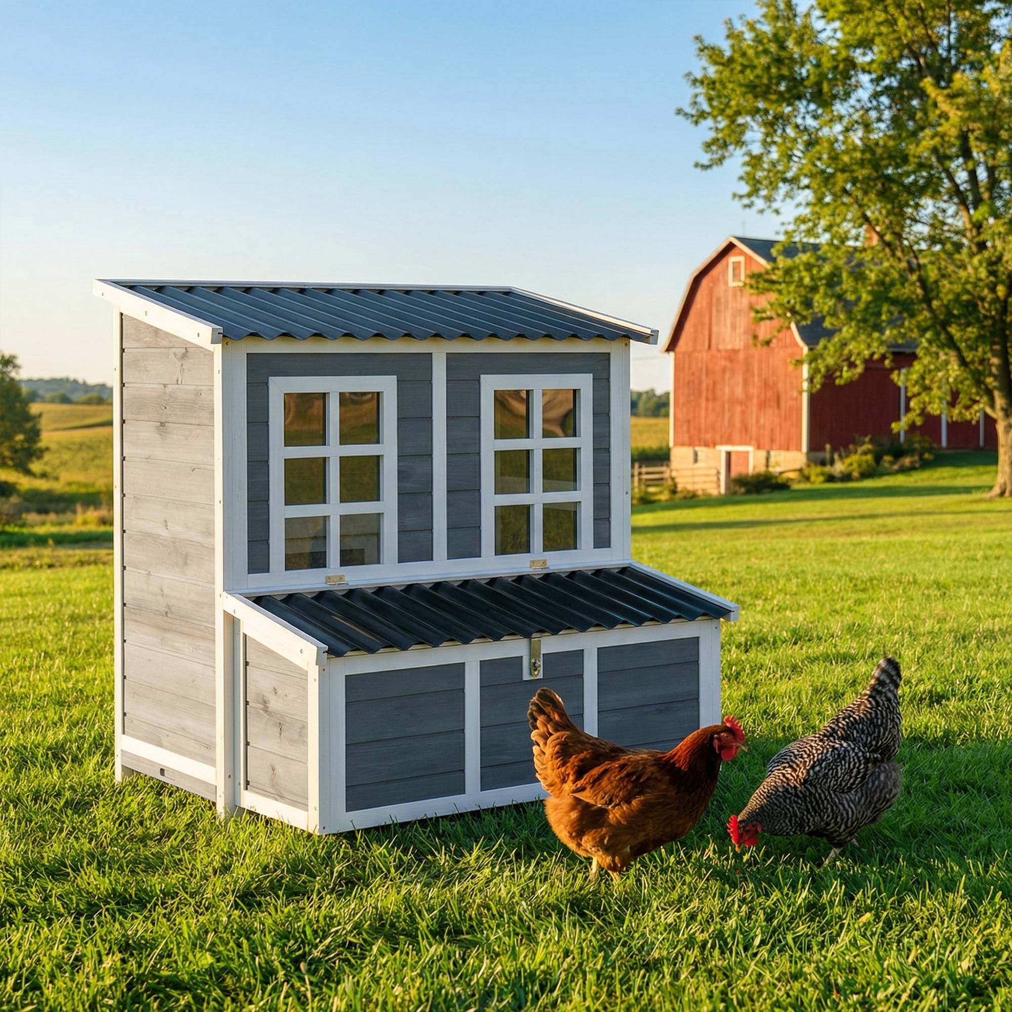 Sans Marque - Poulailler avec nichoir 3-4 poules, toit étanche, bois d'épicéa, plastique, 100x86x100 cm, Gris clair - Image 4