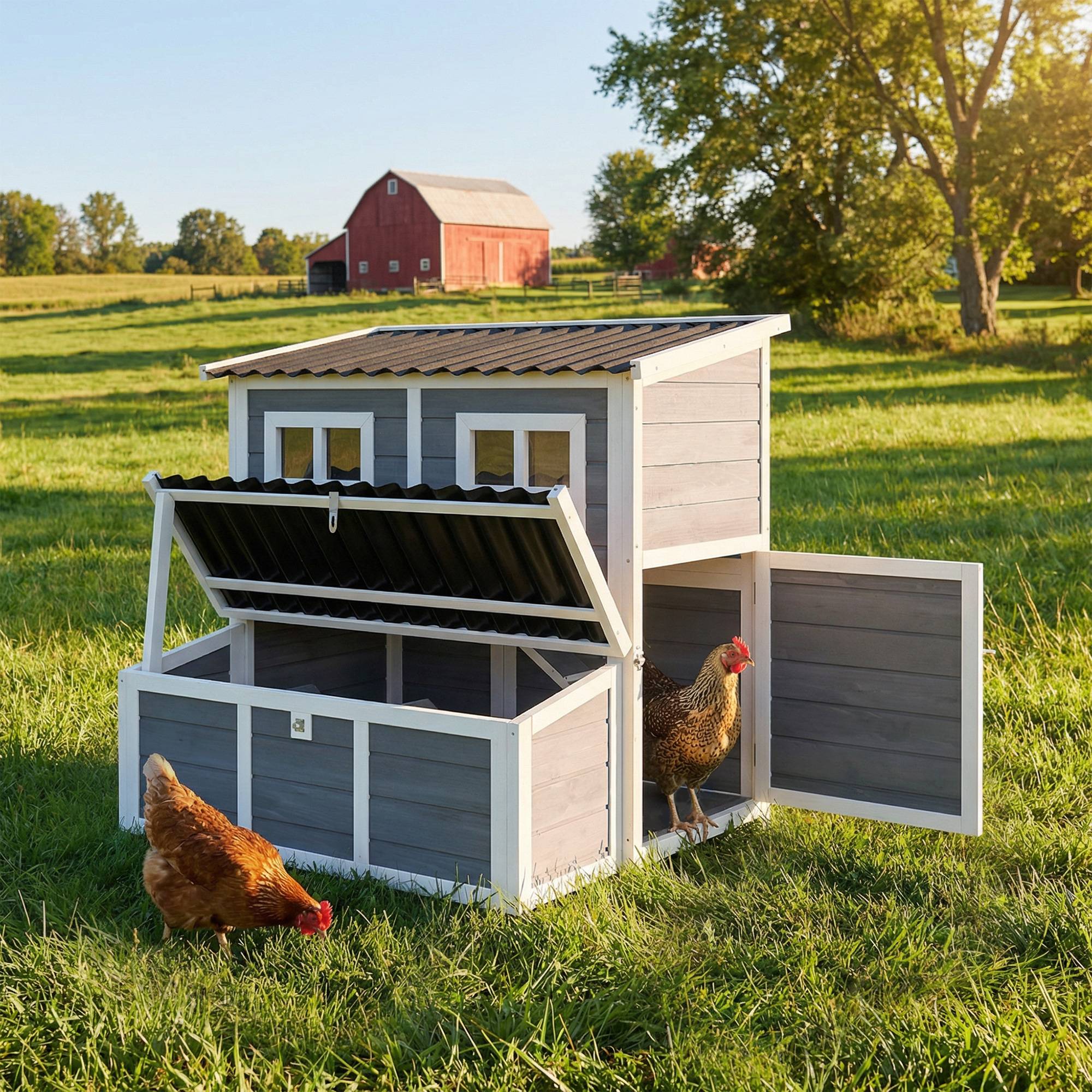 Sans Marque - Poulailler avec nichoir 3-4 poules, toit étanche, bois d'épicéa, plastique, 100x86x100 cm, Gris clair - Image 3